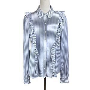 A Loves A NWT White Blue Long Sleeve Striped Ruffle Button Down Collared Top